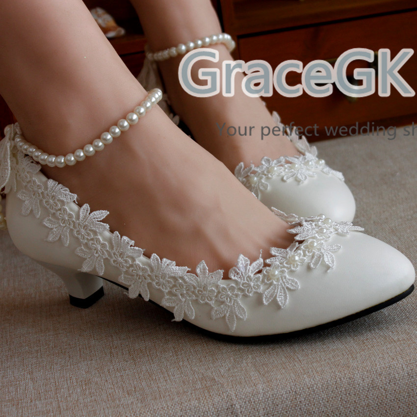 Women’s Lace Wedding Shoes Pearls anklet Bridal High Low Heels flat shoes