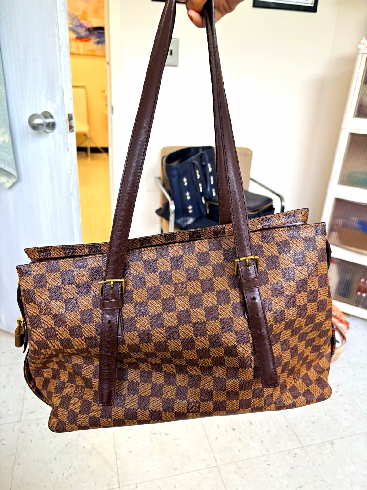 Louis Vuitton Damier Ebene Brown Shoulder Bag w/ Zip, Gold Hardware, Red Lining