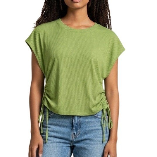 Wilfred Aritzia Ruched Side Tie Top Womens Size S Lime Green Ribbed Cap Sleeve