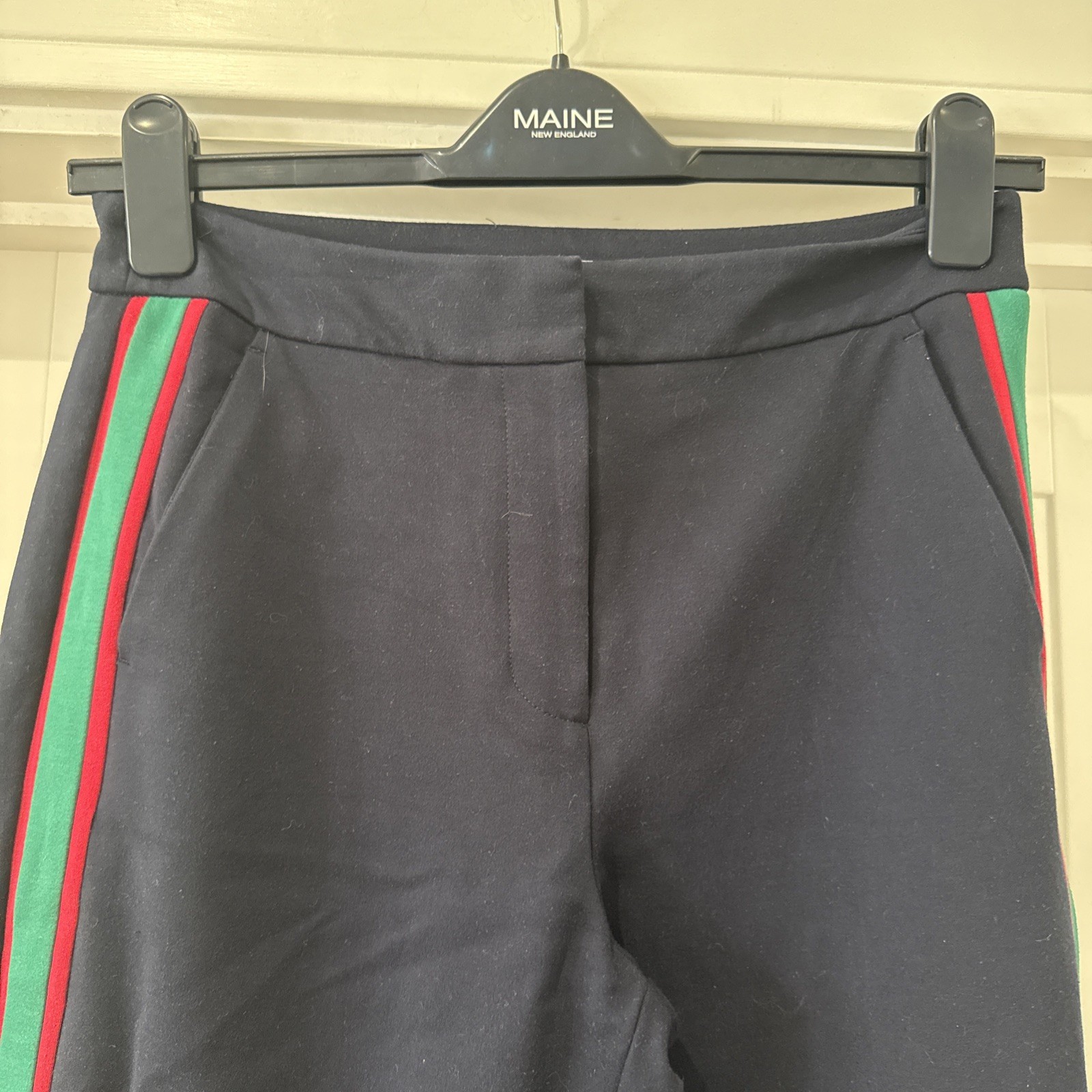 Boden Trousers Straight Wide Leg Navy Size 12P Uk Red & Green Stripe
