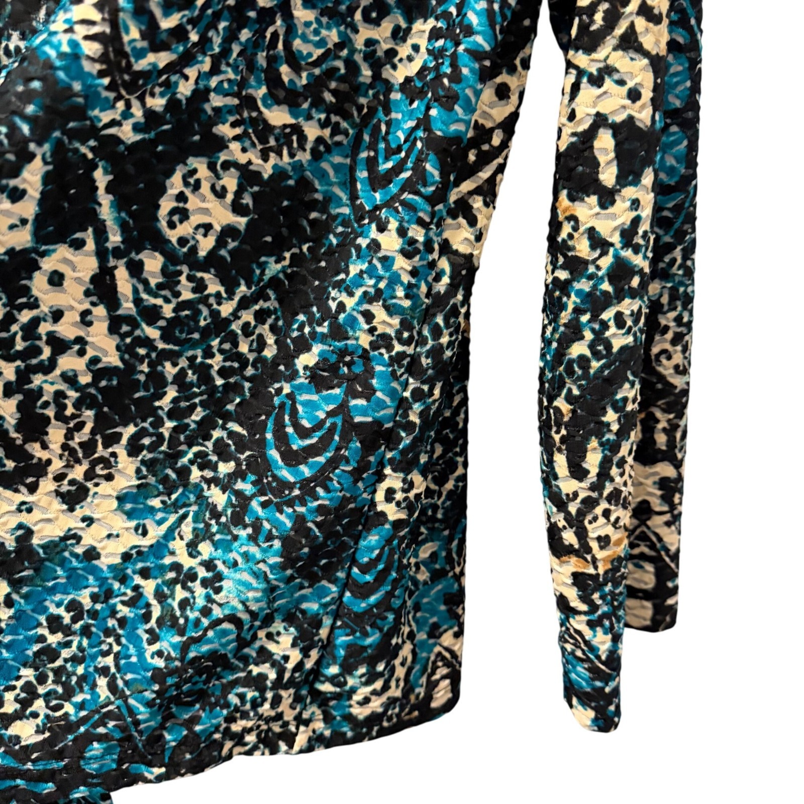 Chicos Open Front Cardigan Jacket Sz M Black Blue Beige Abstract Print