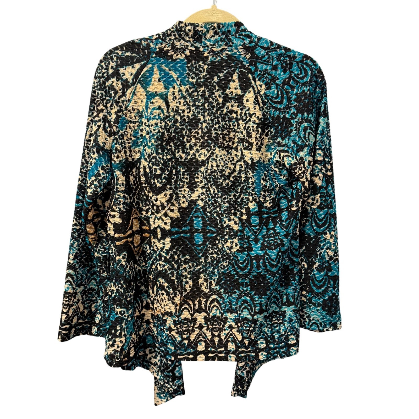Chicos Open Front Cardigan Jacket Sz M Black Blue Beige Abstract Print