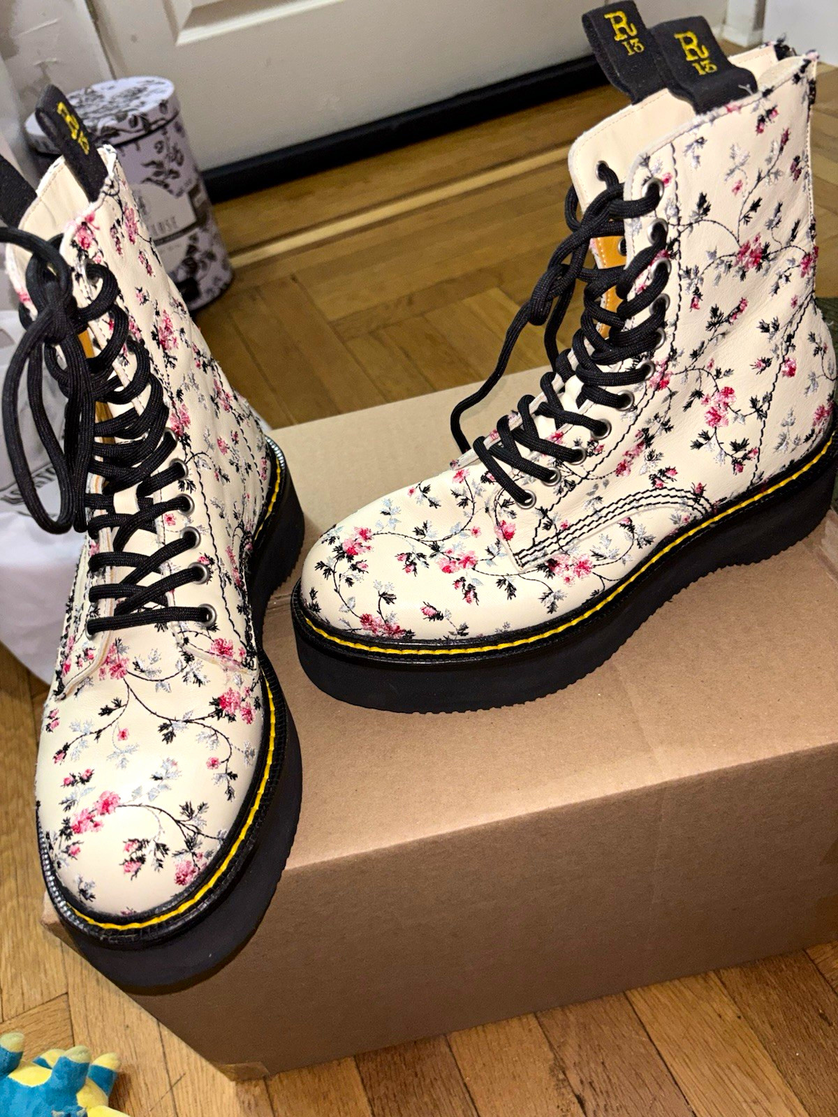 R13 Floral Leather Single Stack Combat Boots Zipper Size US 10 made in Italy