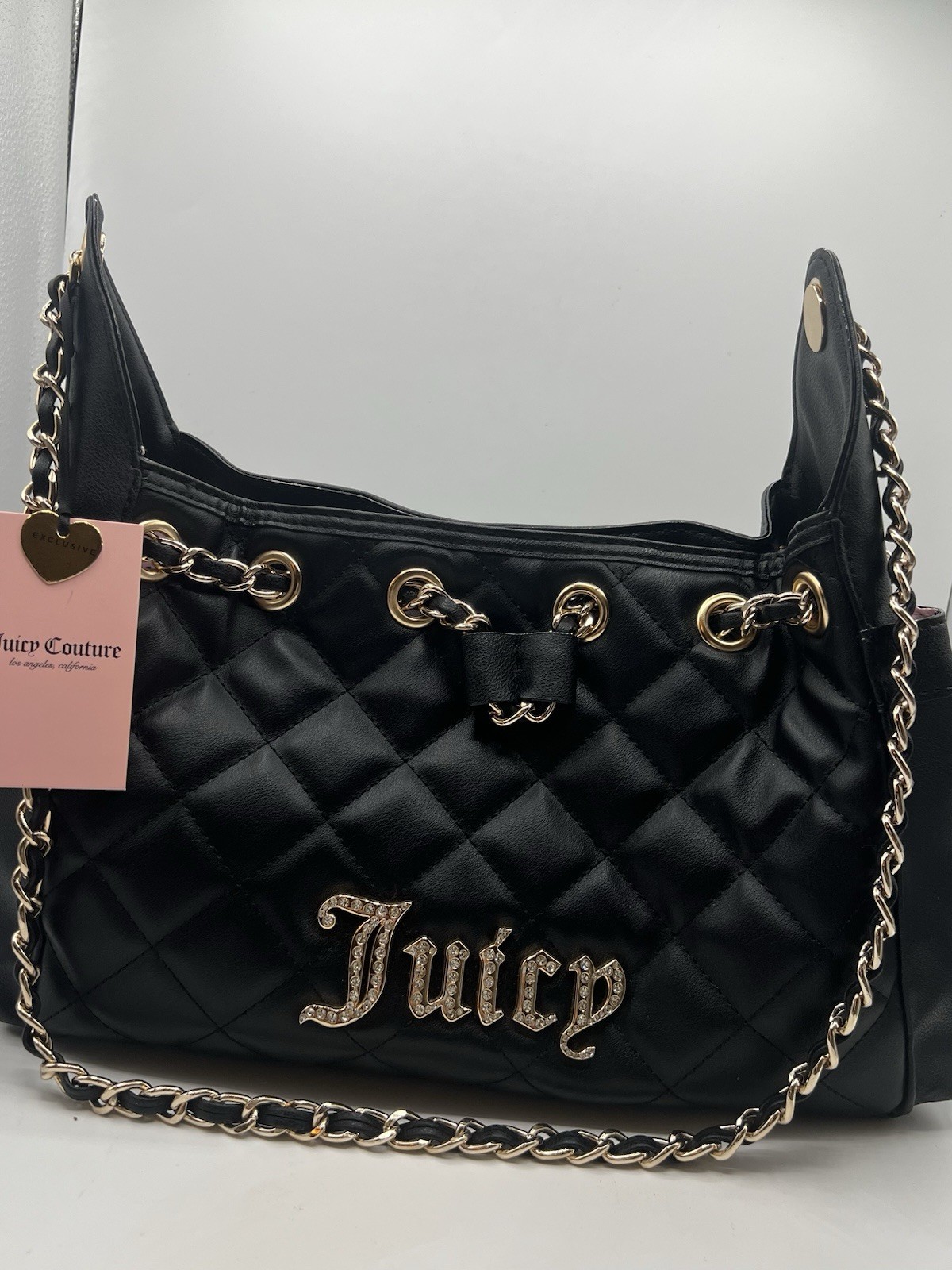 NWT Juicy Couture Black Liquorice Bucket Bag Purse Gold Colored Chain Rhinestone