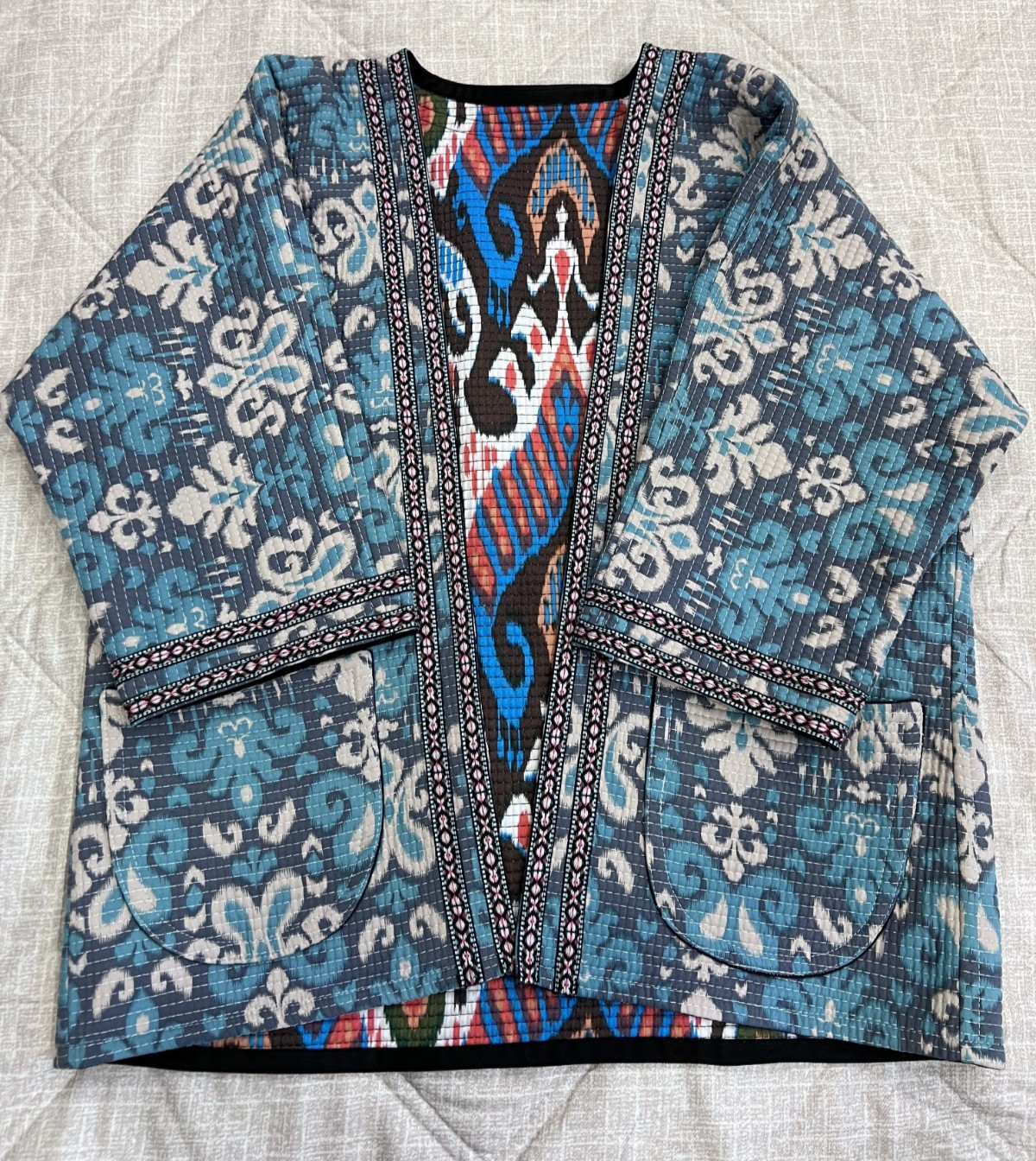 Handmade Reversible Women’s Boho Open Front Cardigan Blue Tribal Print Pockets