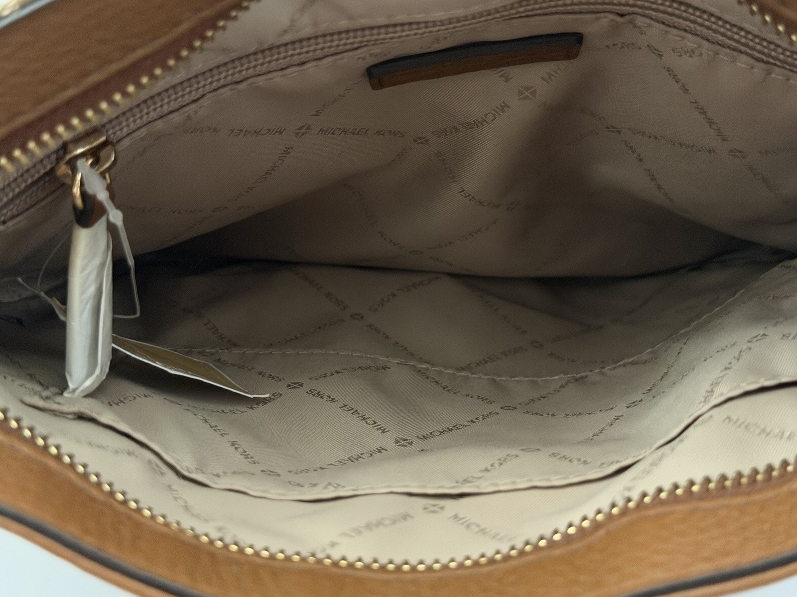 Michael Kors Signature MK Brown Monogram Small Crossbody Zip Gold Detach Strap