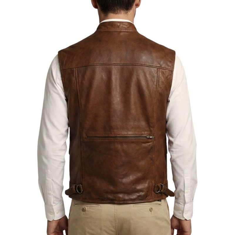 Mens Brown Leather Utility Vest Multi Pocket Snap Front Casual Outdoor Gilet