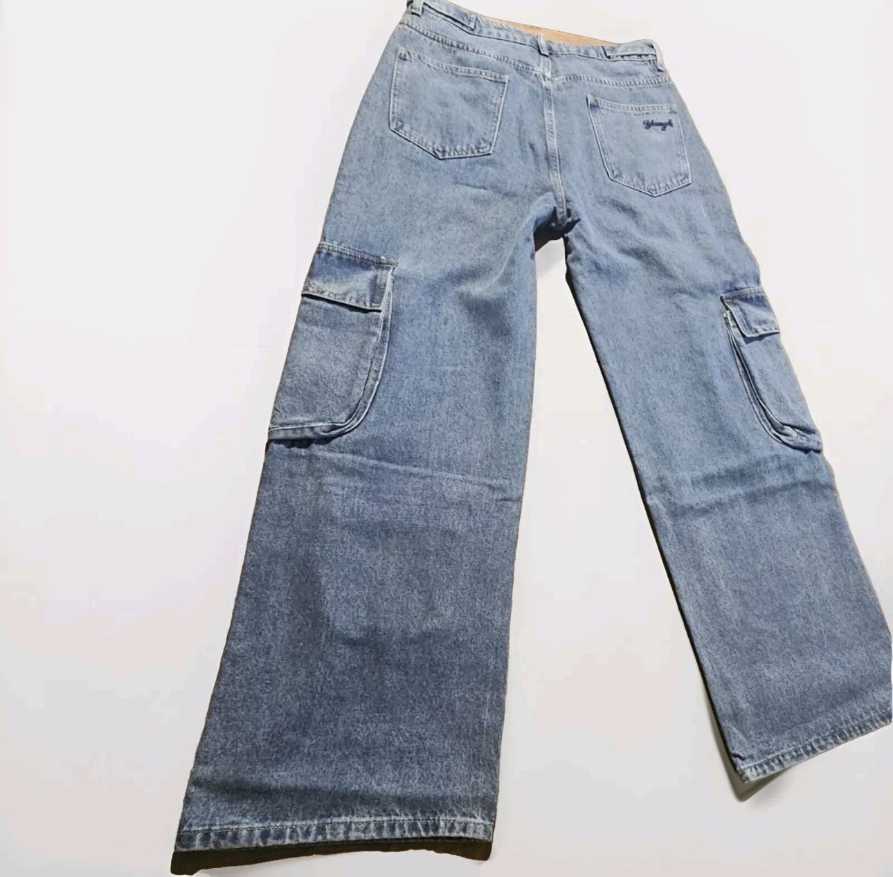 YoungLa Jeans Women’s SZ LG Blue Wash Straight Leg Cargo Utility 29.5×30.5 NWT
