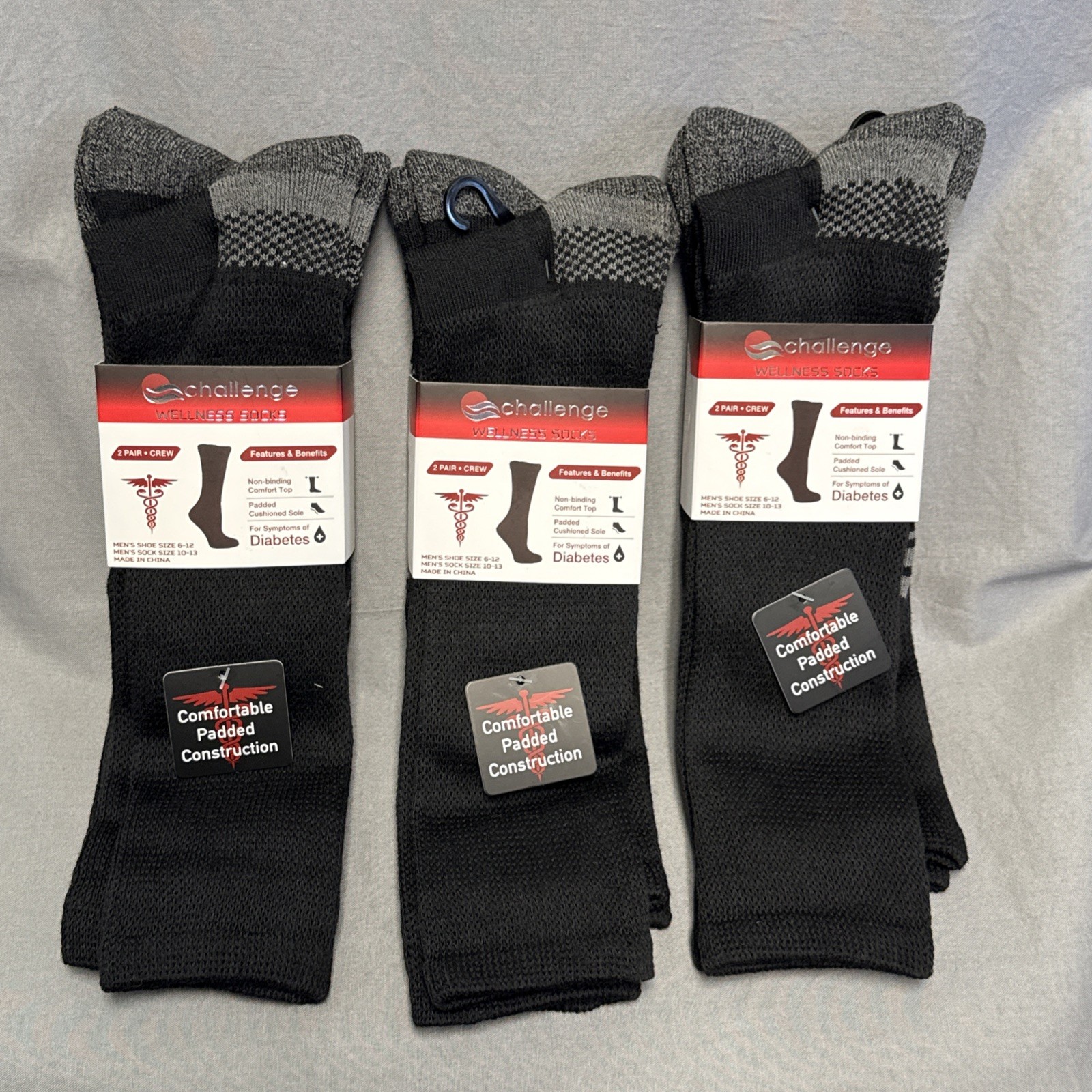 6 Pair Mens Challenge Wellness Non-Binding Crew Socks Diabetes Edema Neuropathy