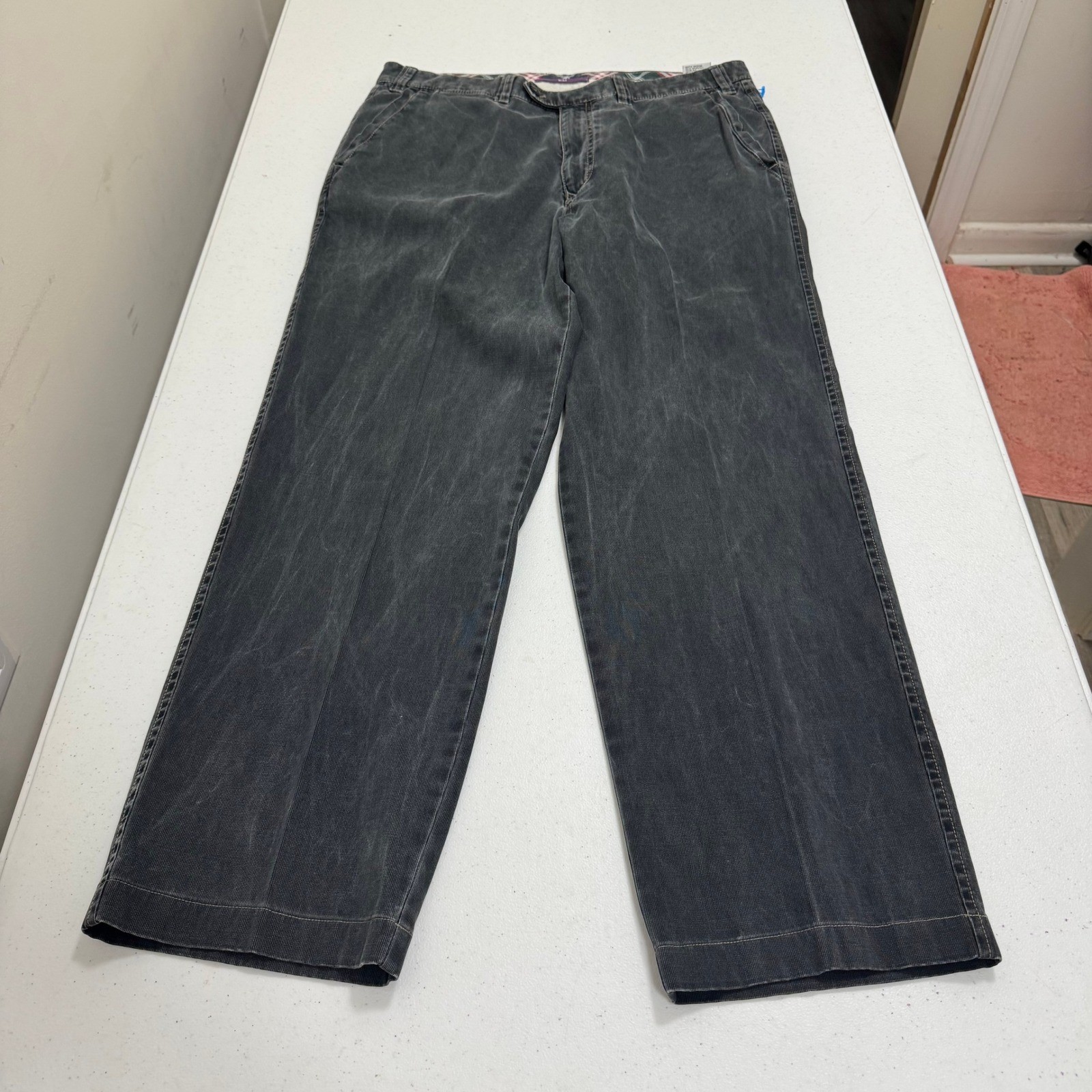 Hiltl Mens Corduroy Pants 36/38 Faded Black Straight Leg Flat Front Trousers