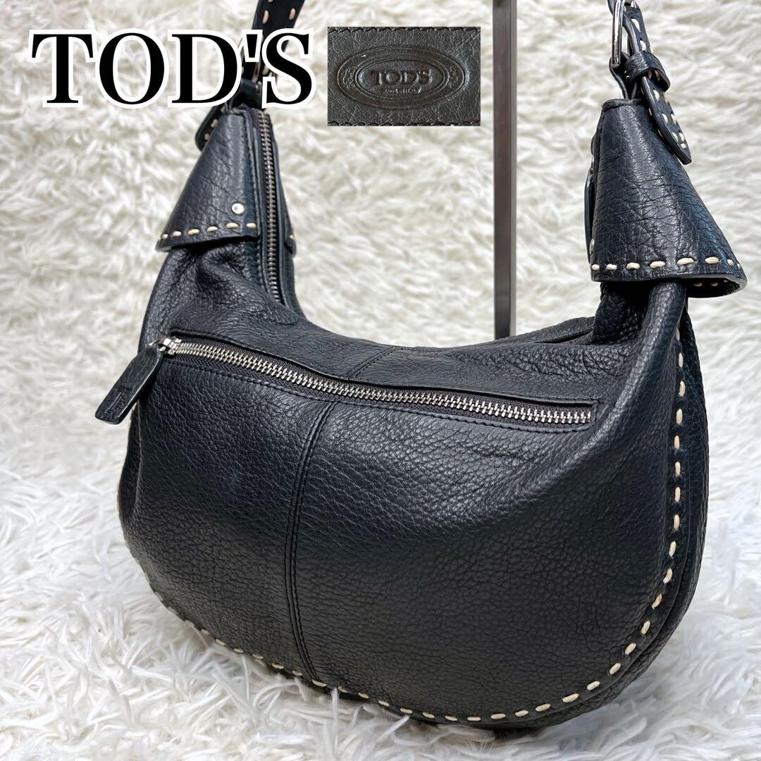 TOD’S Black Leather Half Moon Shoulder Bag White Stitching Y2K Pebbled Logo Auth
