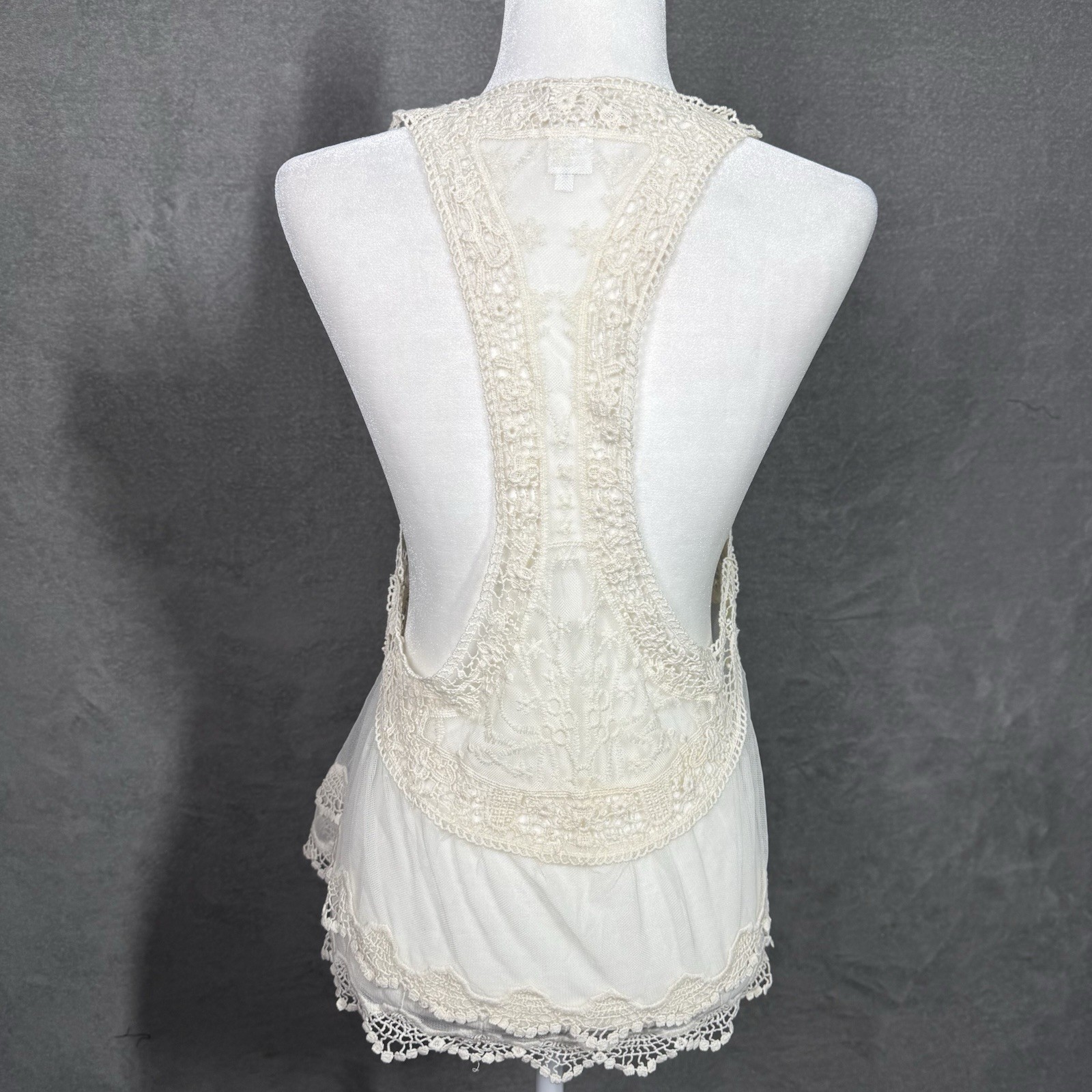 Lace Tank Top Boho Sheer Crochet Mesh Racerback Ruffle Hem One Size Ivory