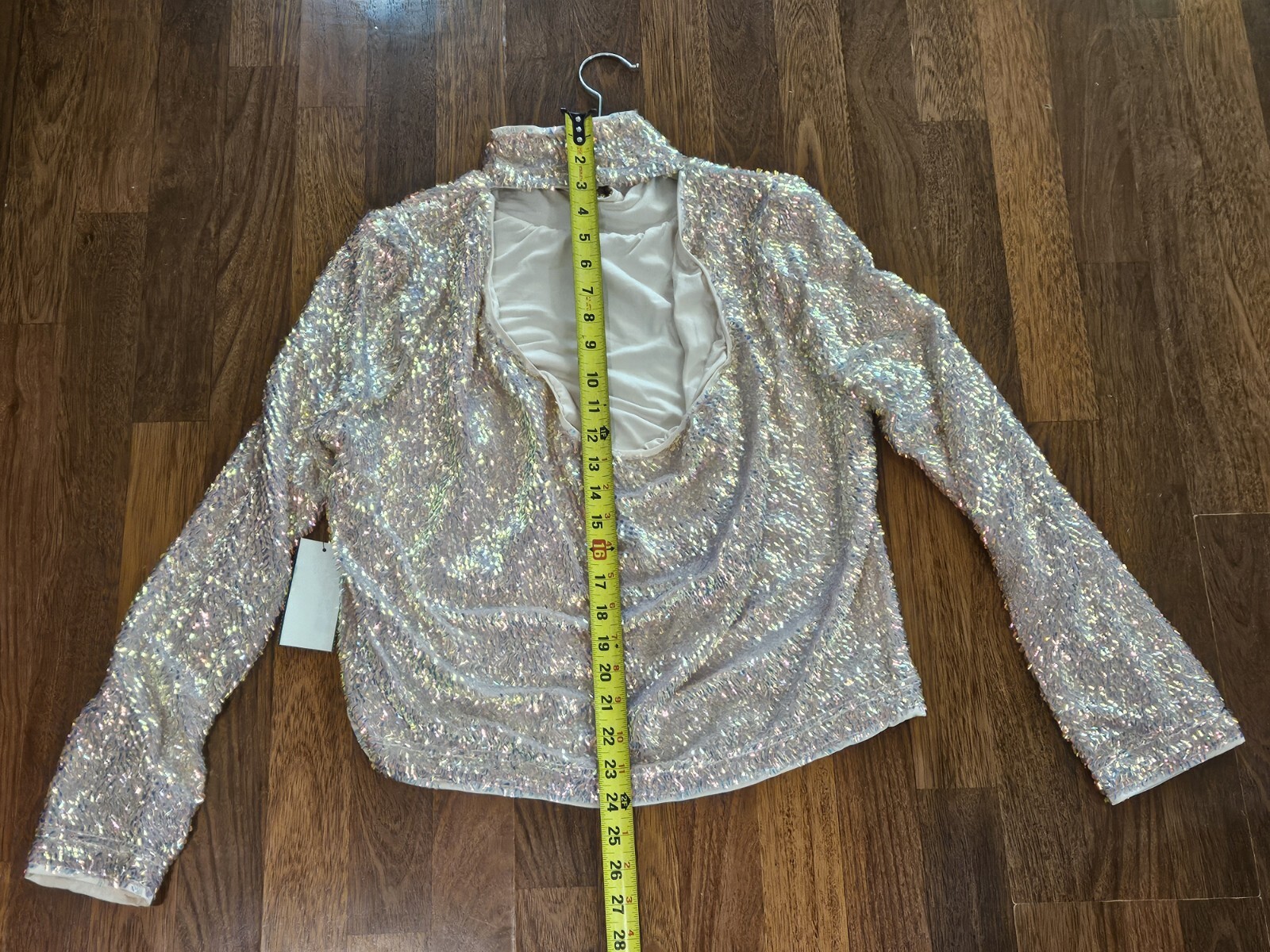 ASTR The Label Iridescent Pink Sequin Mock Neck Open Back Blouse Sz Large NWT