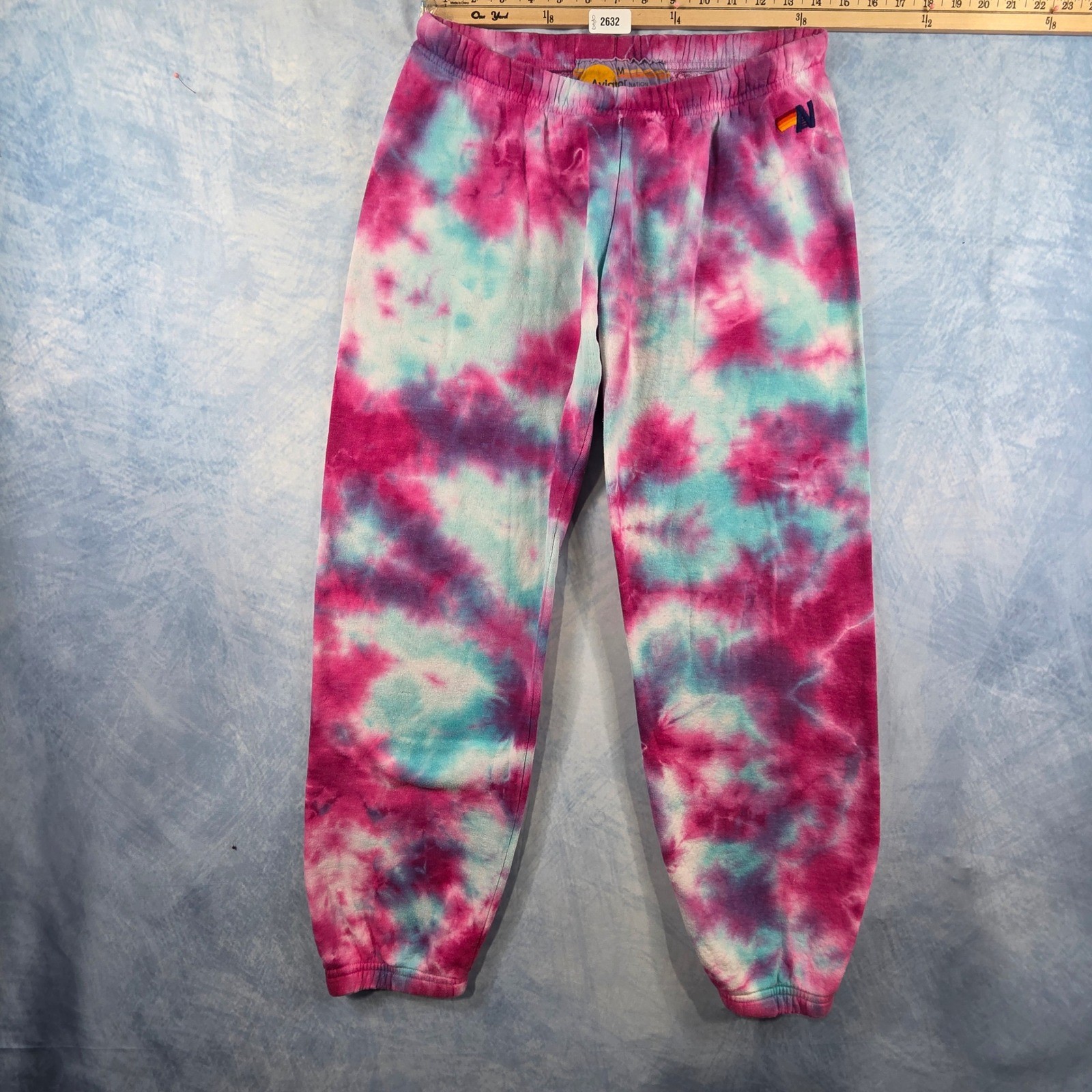 Aviator Nation Pink Blue Tie Dye Sweatpants Joggers Womens Medium Rainbow Logo