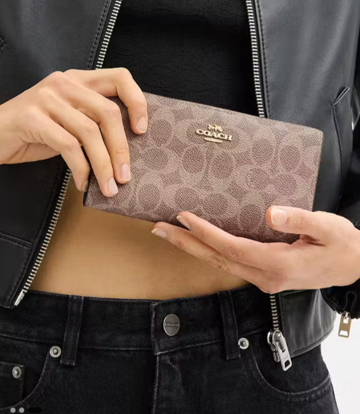 COACH Slim Zip Wallet in Signature Canvas – Gold/Tan/Brown