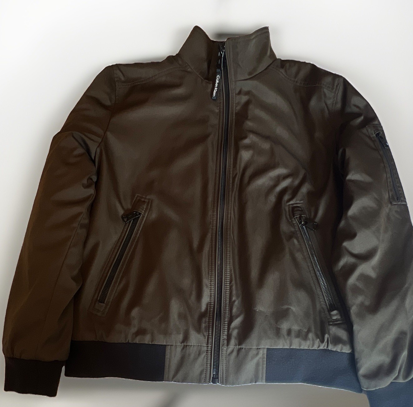 Calvin Klein Men’s Green Bomber Jacket Full Zip Lined Stand Collar Size M