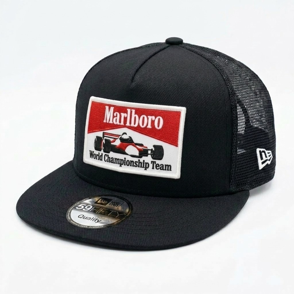 Marlboro Racing World Championship Team Patch Trucker Hat Mesh Cap Black