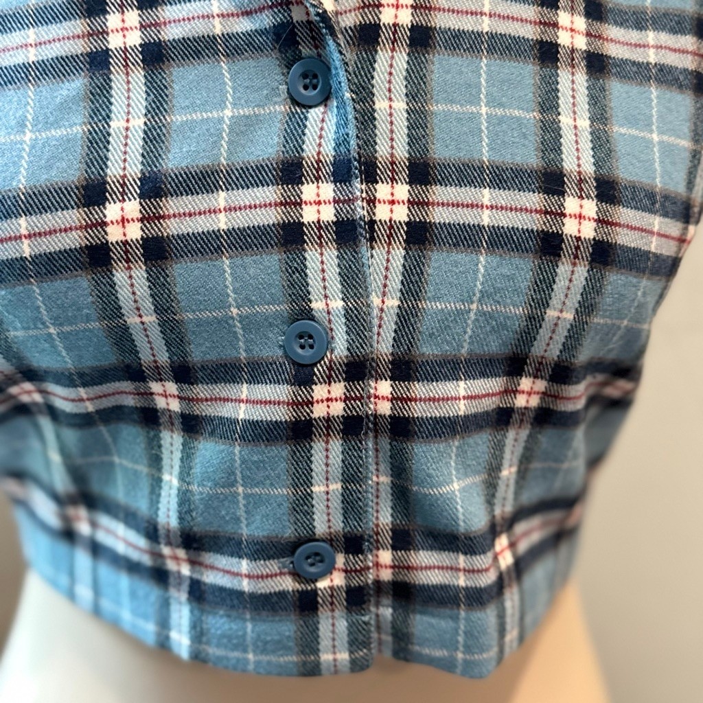 J.Galt Blue Plaid Crop Button-Up Top | Notch Collar & Short Sleeve | Size Small