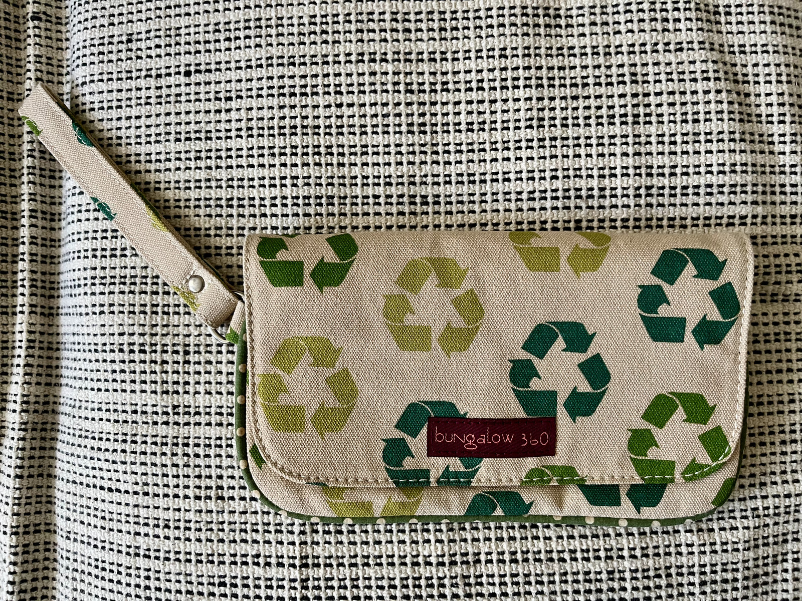 Bungalow 360 Wristlet Clutch, Hand Strap, Canvas, Recycle Logo Print, Peace Pull
