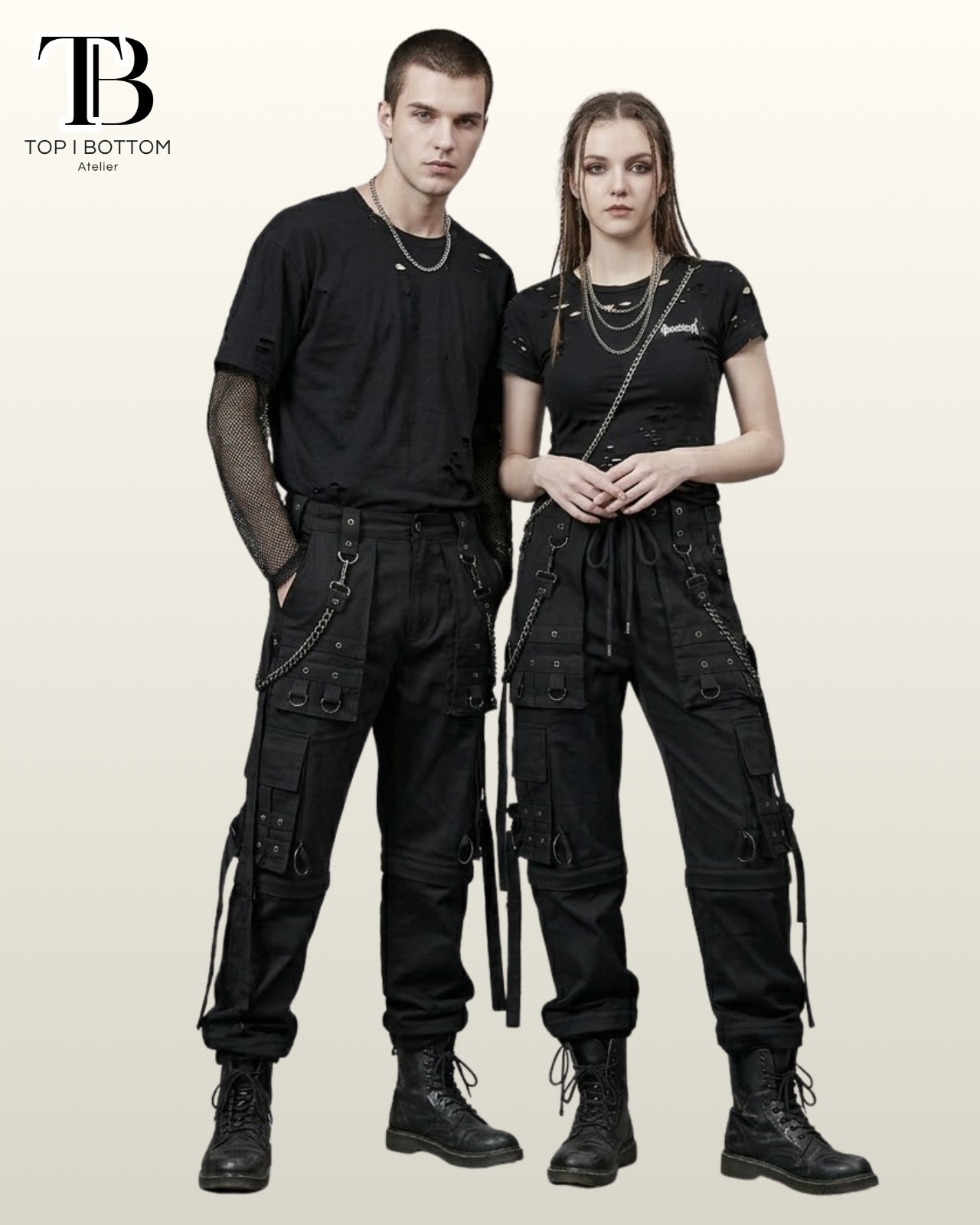 Unisex Black Tactical Cargo Pants Gothic Utility Trousers with Chains And Straps