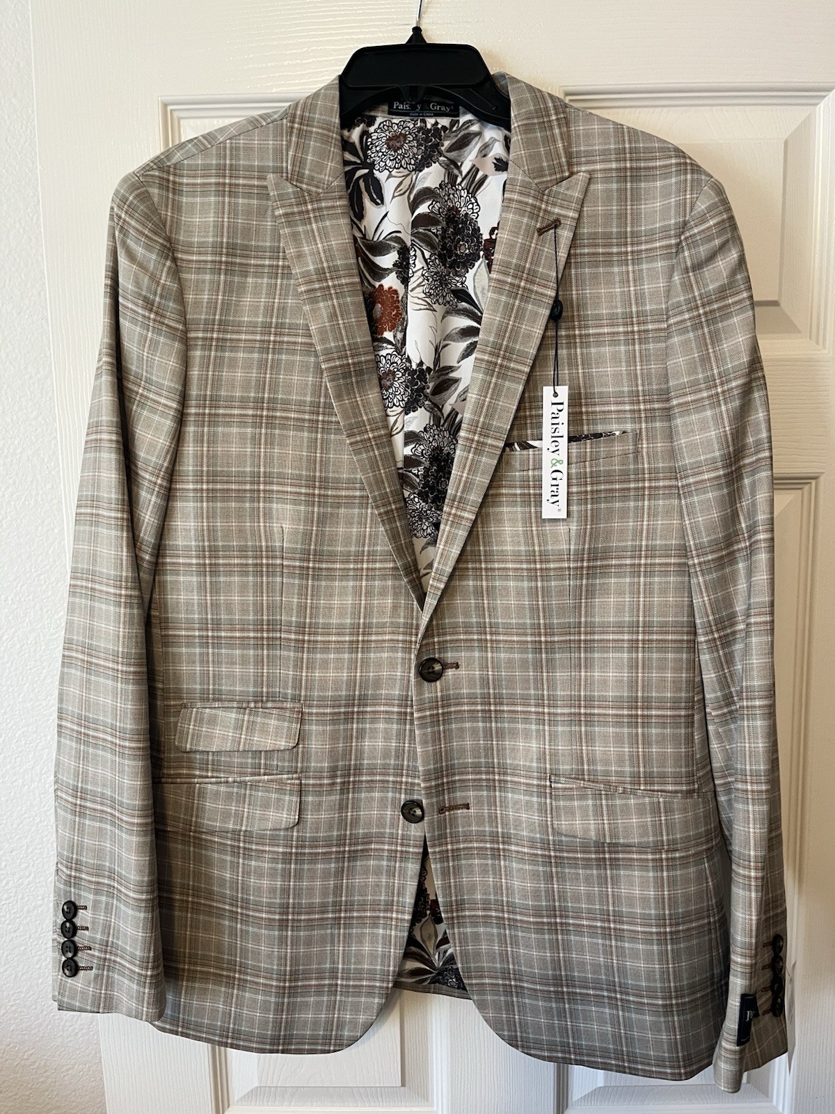 Paisley & Gray 42R SlimFit Windowpane Blazer Brown Floral Ticket Pocket Square