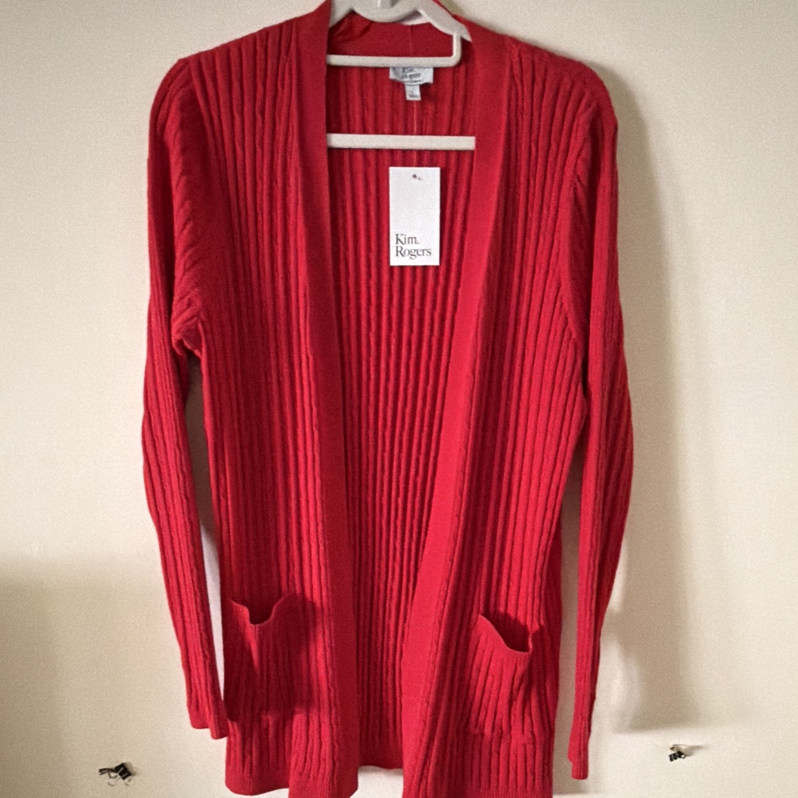 Kim Rogers Women’s Red Rib-Knit Open Front Cardigan Sweater w/ Pockets M