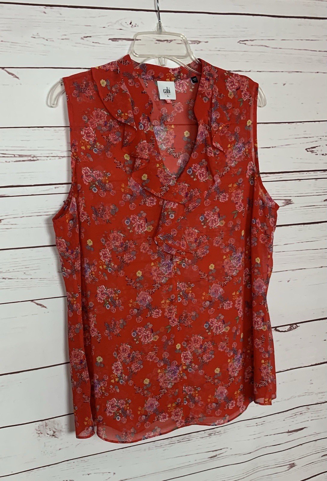 CAbi Women’s L Large Red Floral Ruffle Sleeveless Sheer Summer Top Blouse