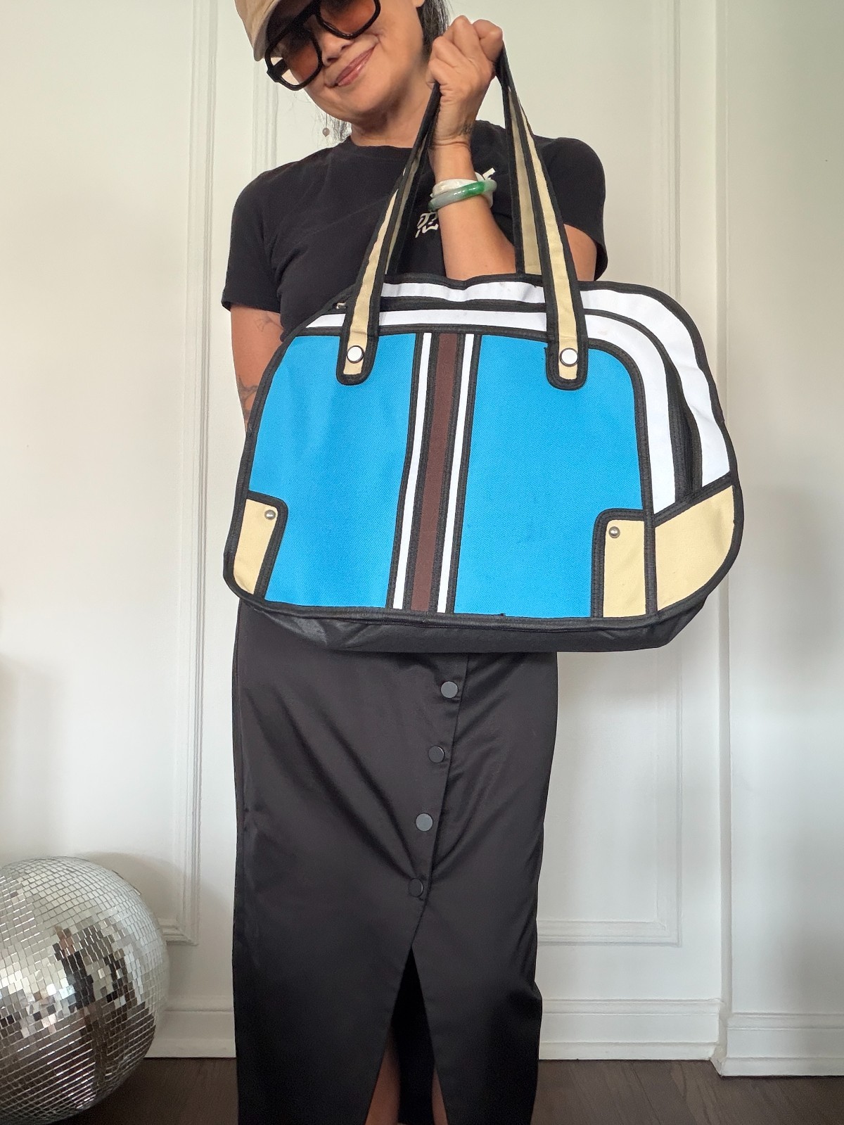 womens blue, white and black stripe 2D design shoulder bag for work or casual
