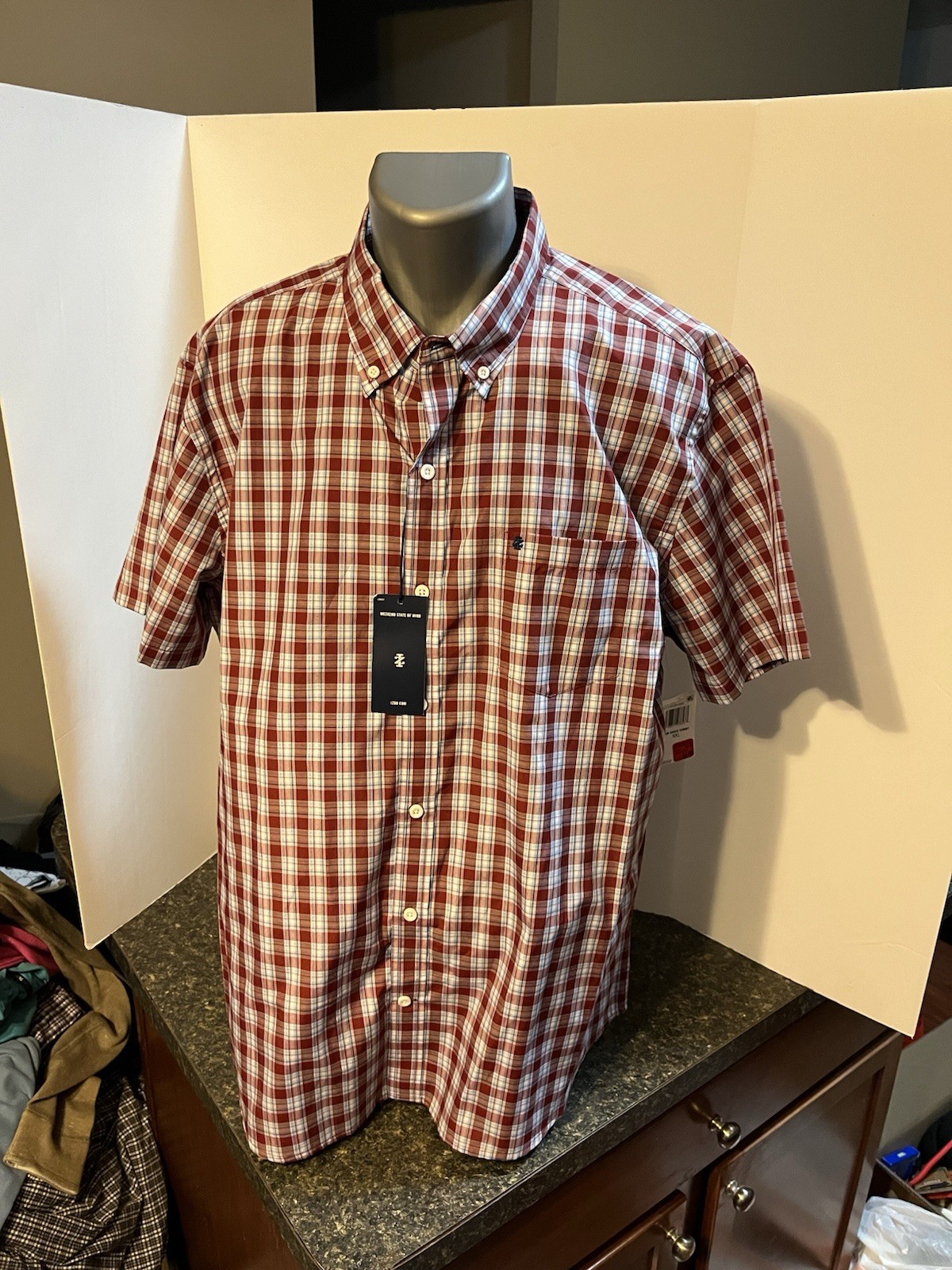 IZOD Men’s SS Button Down Breeze Shirt Red Blue Plaid XXL Cotton Poly – NWT