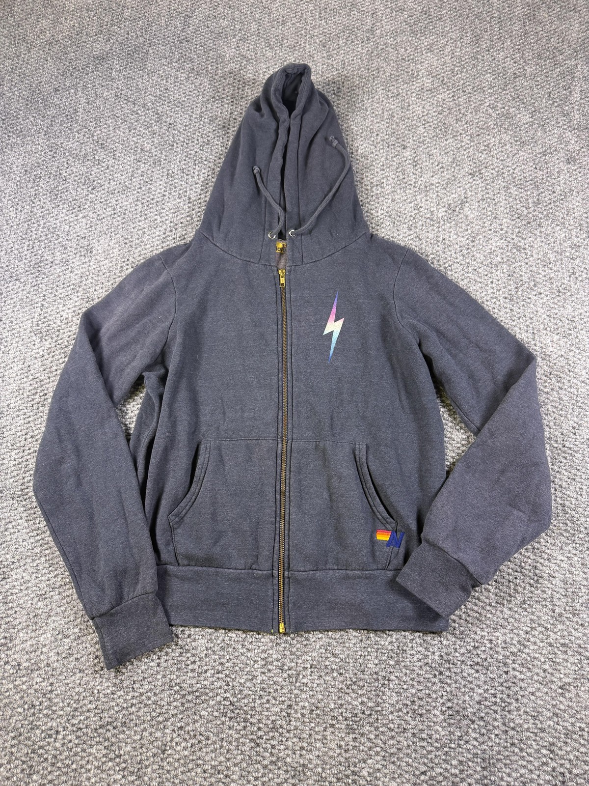 Aviator Nation Hoodie Mens Small Gray Full Zip Fleece Lightning Bolt Graphic