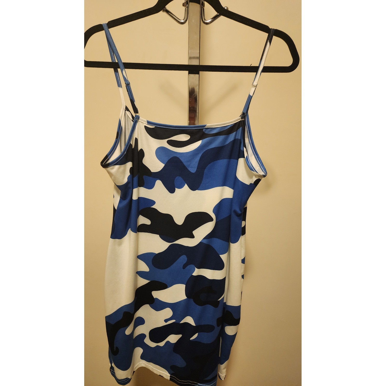 Blue Camouflage Bodycon Mini Dress Adjustable Spaghetti Straps XL Camo Print