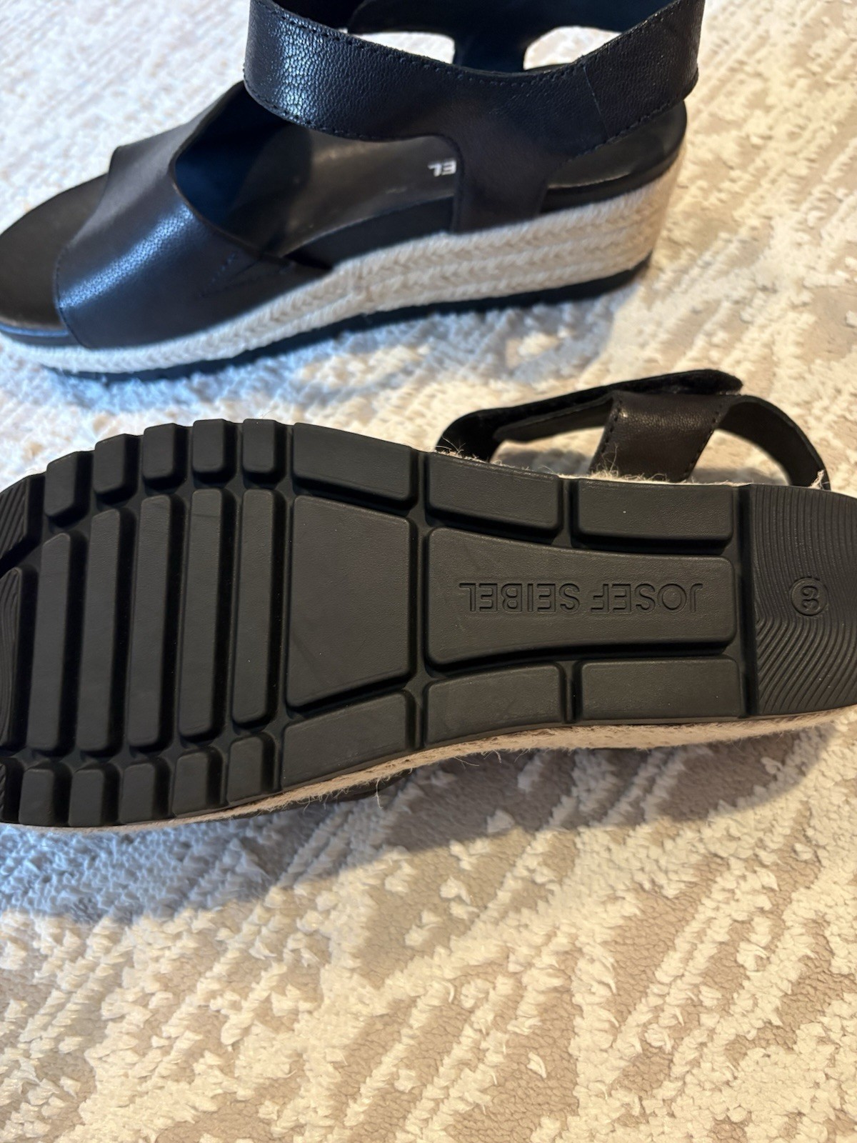 Josef Seibel Leather Espadrille Wedge Strappy Sandals Black EU 39 US 8