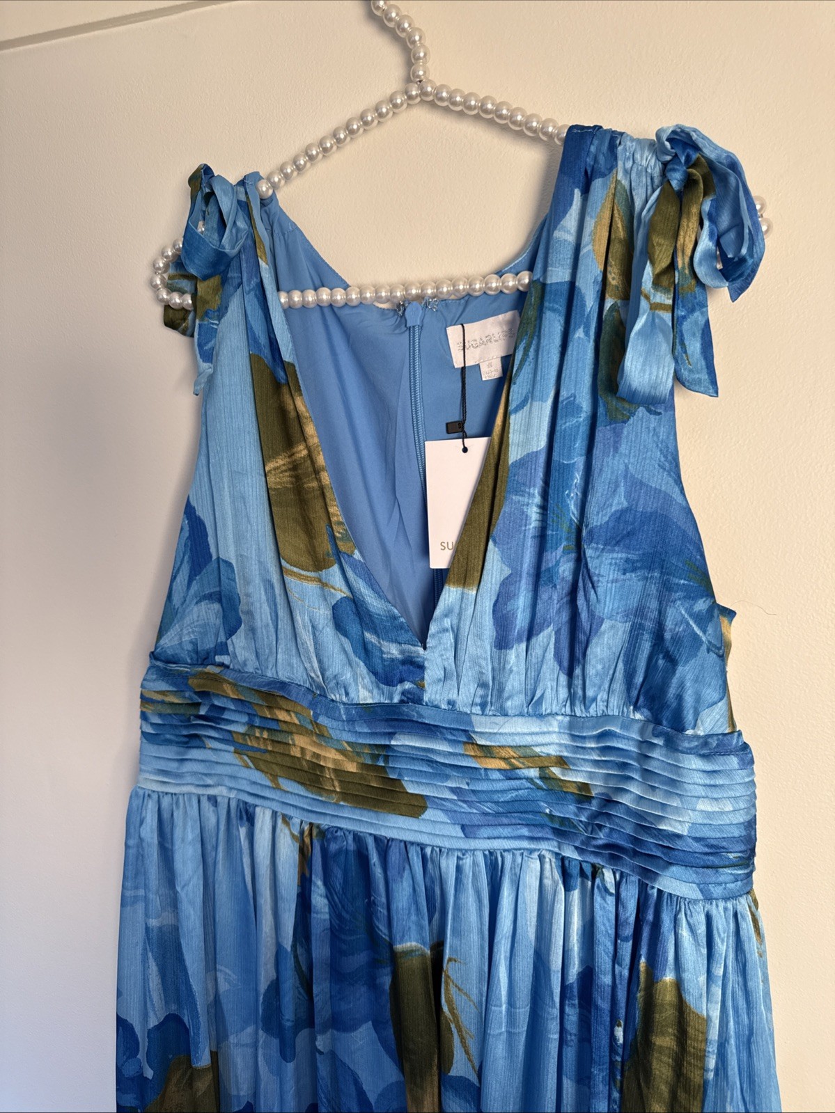 Sugarlips Neiva Blue Floral Descanso Pleated Maxi Dress 1X Flowy Romantic Garden