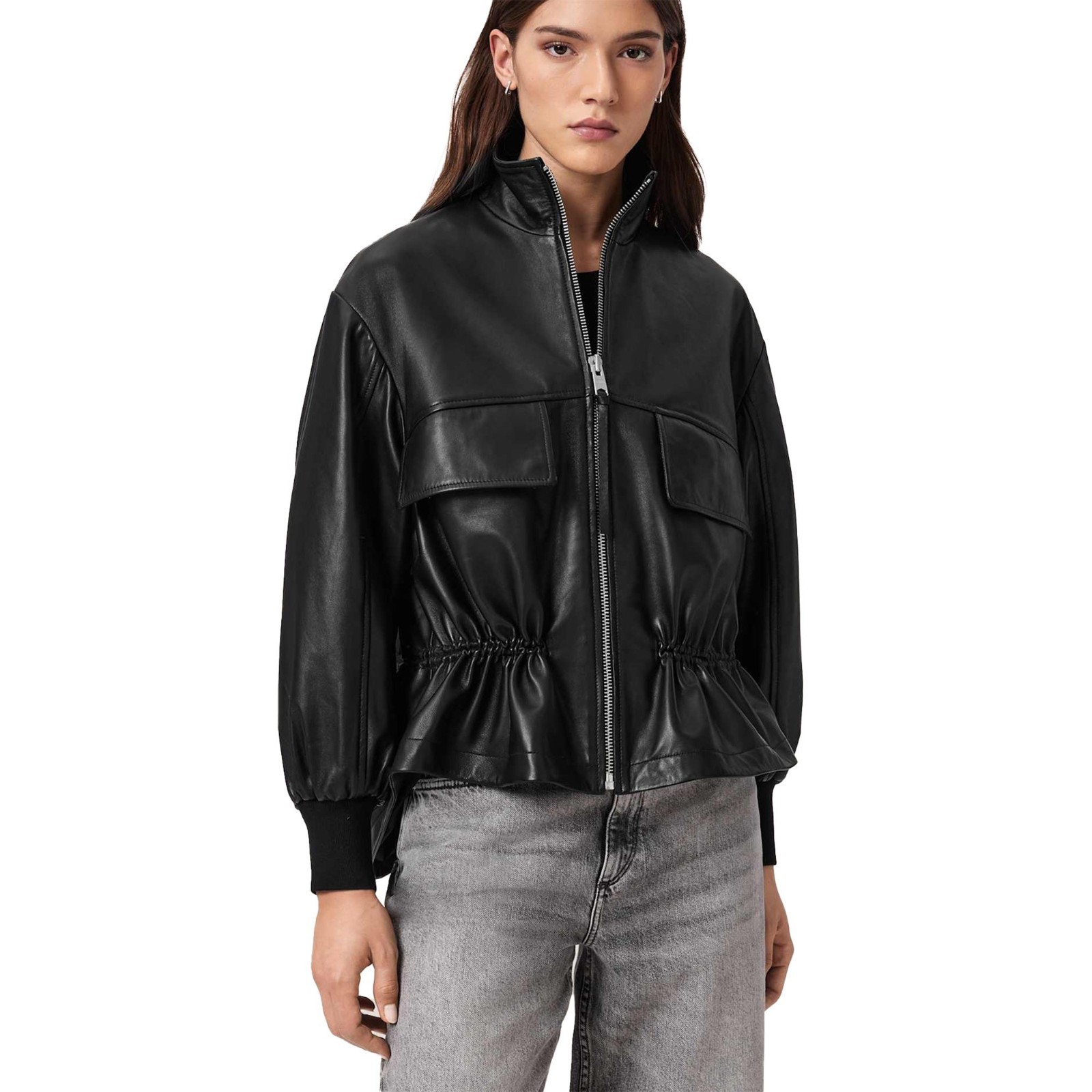 Women Real Leather Jacket Black High Low Hem Zip Up Bomber Coat