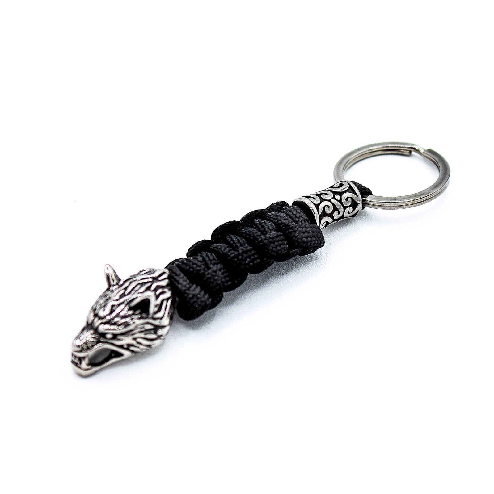 Stainless Steel Vintage Viking Wolf Head Paracord Keychain