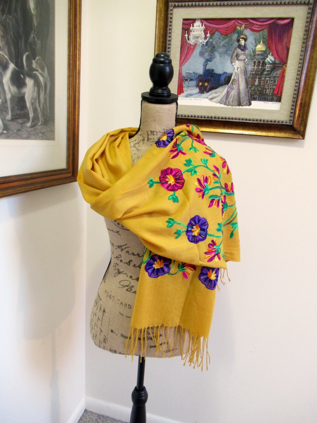 MEXICAN EMBROIDERED SOFT FRINGED SHAWL REBOZO WRAP 76 X 28 – MADE in MEXICO