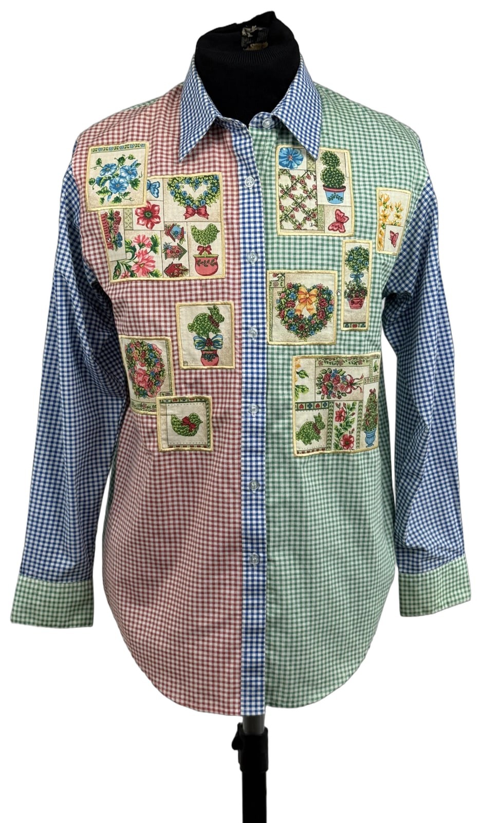 Quacker Factory Colorblock Gingham Applique Button Shirt Womens M Garden Floral