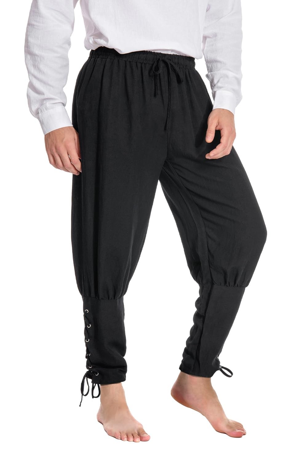 Mens Ankle Banded Pants Medieval Viking Navigator Renaissance Pants (L,Black)