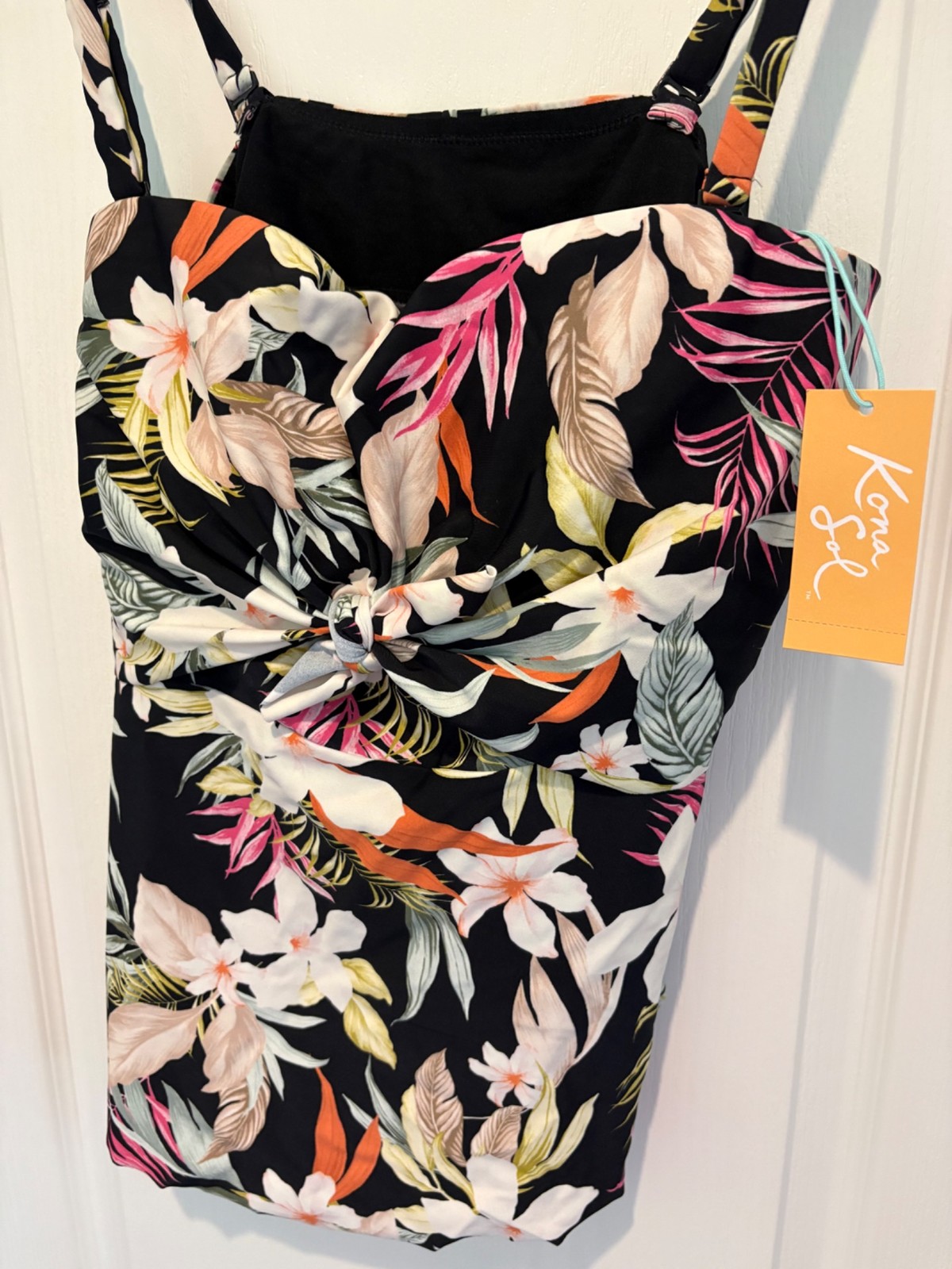 Kona Sol Women’s Tankini Swimsuit Tropical Floral Size L Black NWT