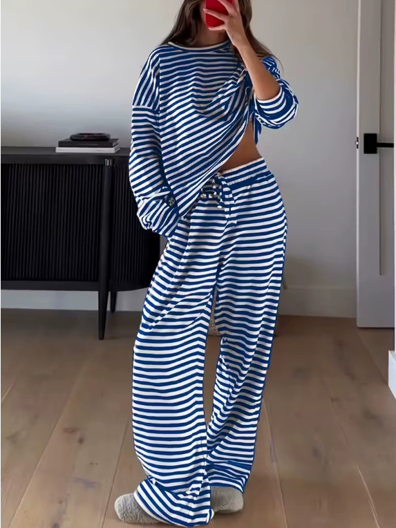 Unisex Striped 2Pcs Lounge Set Long Sleeve Top High Waist Pants