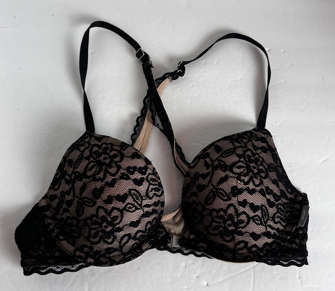 AERIE Black Floral Lace over Nude Wireless Bra RN 54485 CA 03873~ Size 32B Racer