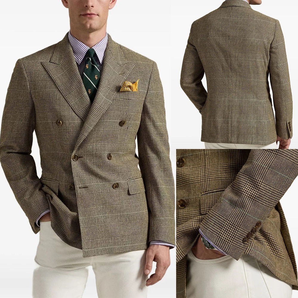 Business Check Mens Jackets Suits Slim Fit Peak Lapel Outwear Double Breasted