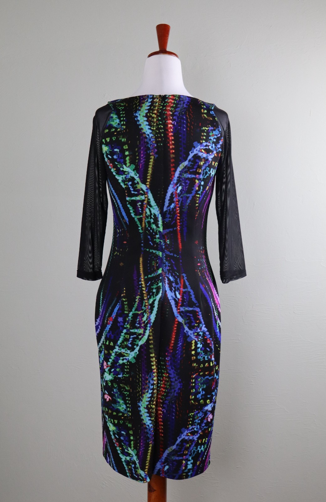 JOSEPH RIBKOFF $262 Stretch Sheer Mesh Sleeve Abstract Print Dress Size 8