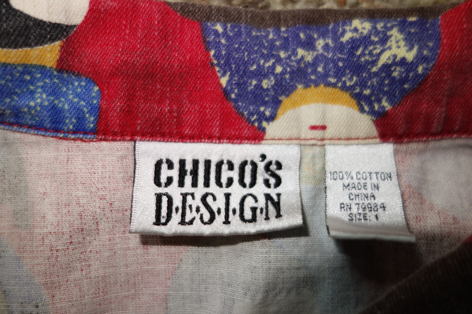 Chicos Design Asian Oriental Kokeshi Doll Art Colorful Cotton Denim Jacket Sz 1