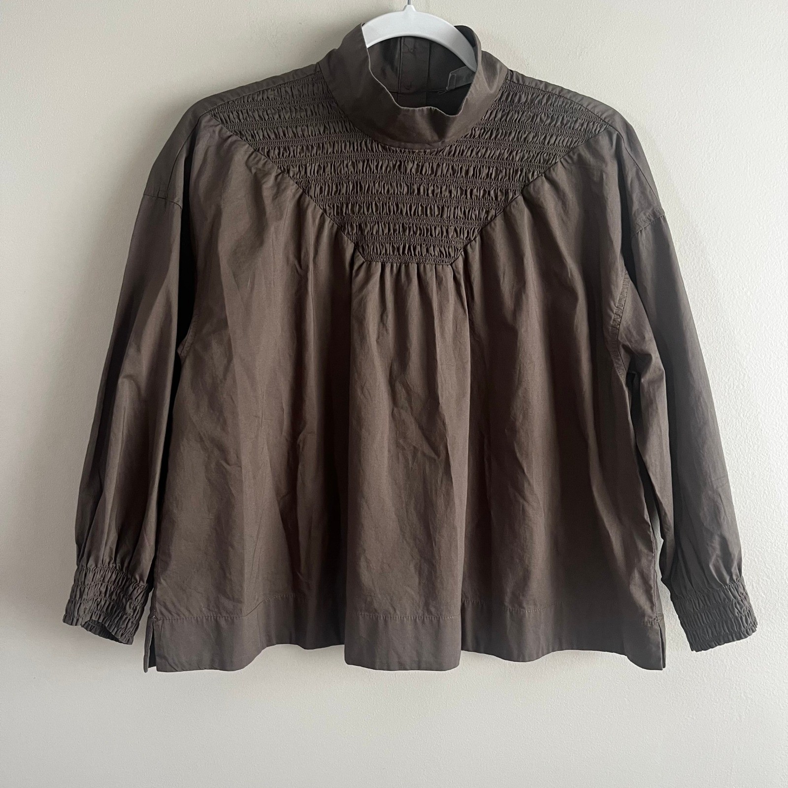 Everlane dark olive smocked yoke cotton top size S mock neck long sleeve boxy