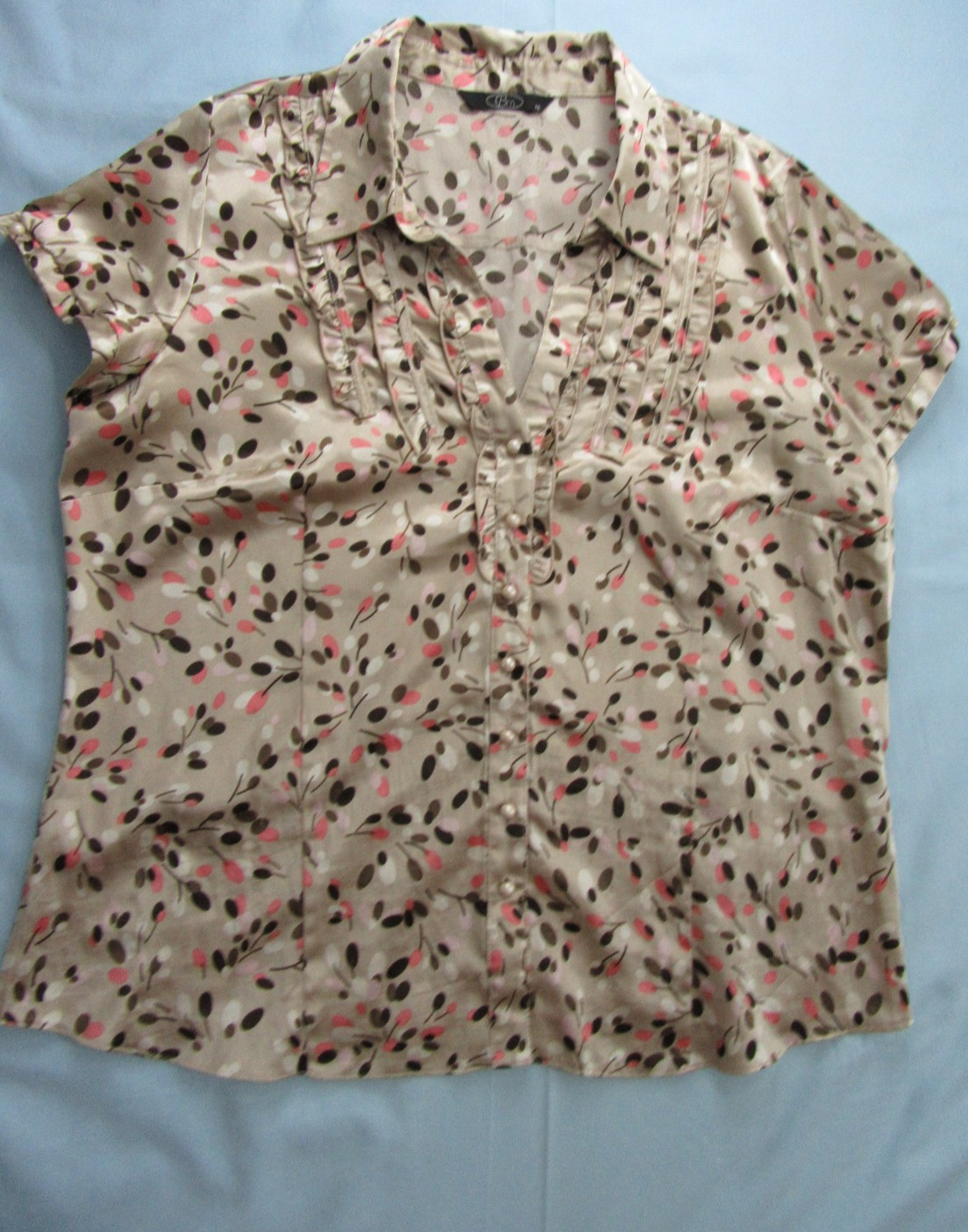 Bonmarche Size 18 Brown,Pink&Gold Satin Short Sleeve Button Up Blouse