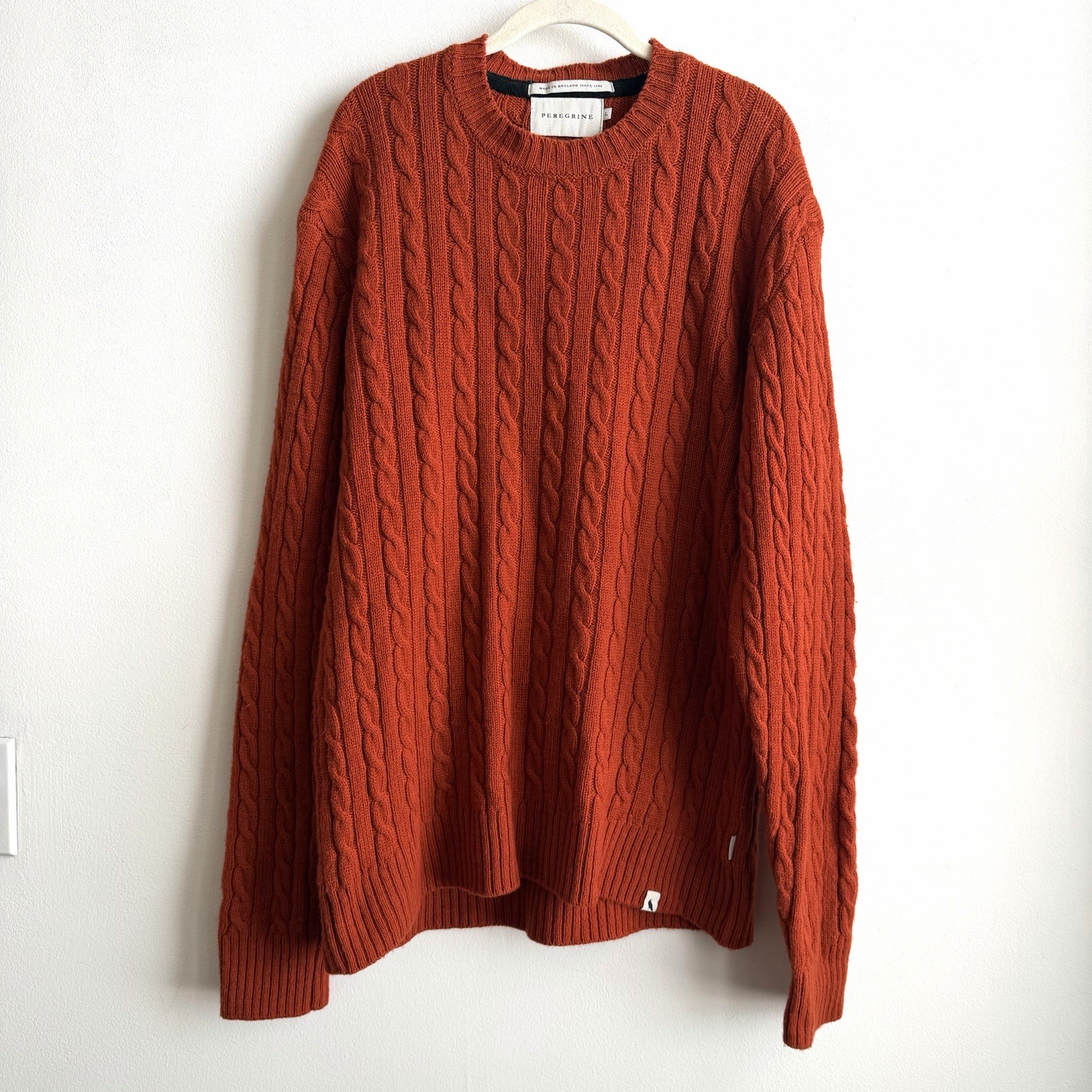 Peregrine England 100% Wool Knit Sweater Men Size Large Orange Pullover Cable