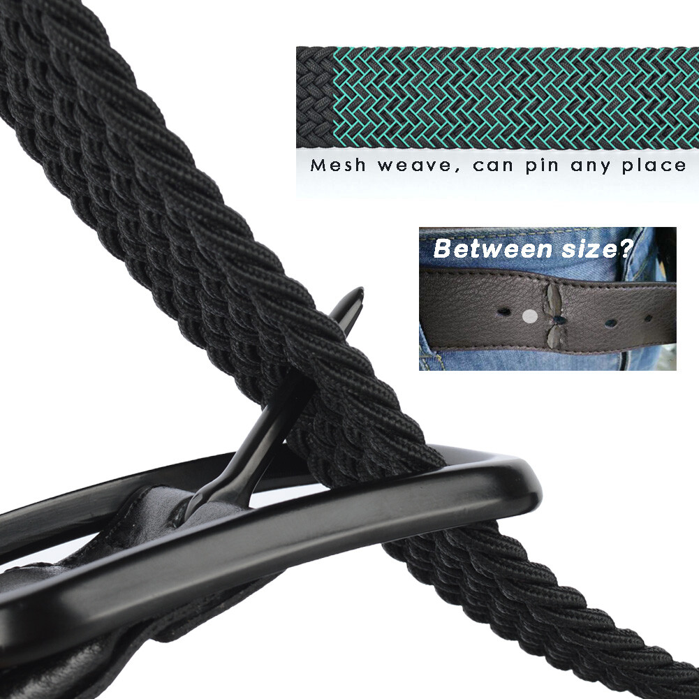Belt Elastic Stretch Woven Braided for Men Women Plus Size Black Square Business