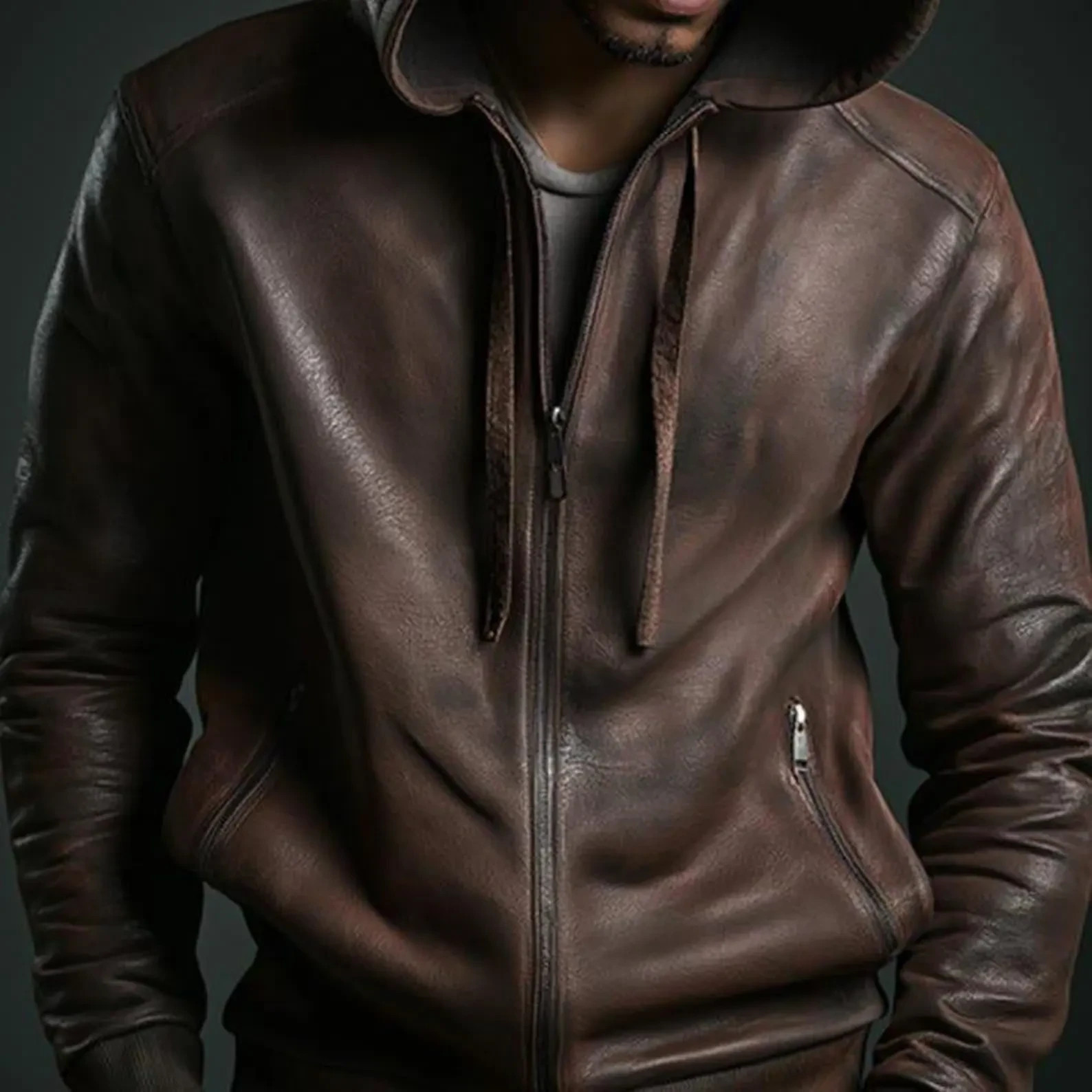 Men’s Brown Lambskin Hooded Leather Jacket Handmade Real Leather Vintage Hoodie