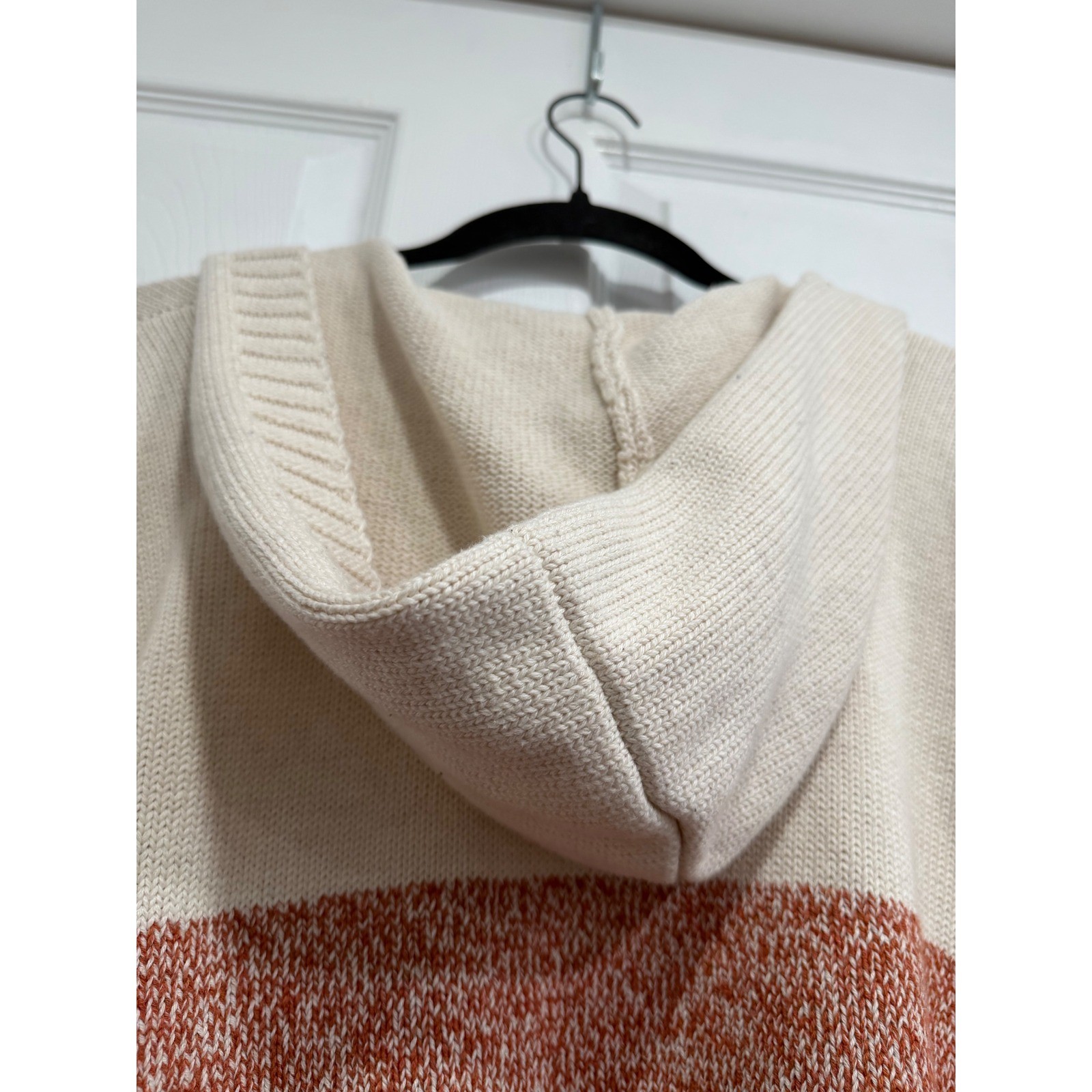 Tahari Womens Colorblock Hooded Cardigan Sweater Orange Rust Cream Medium